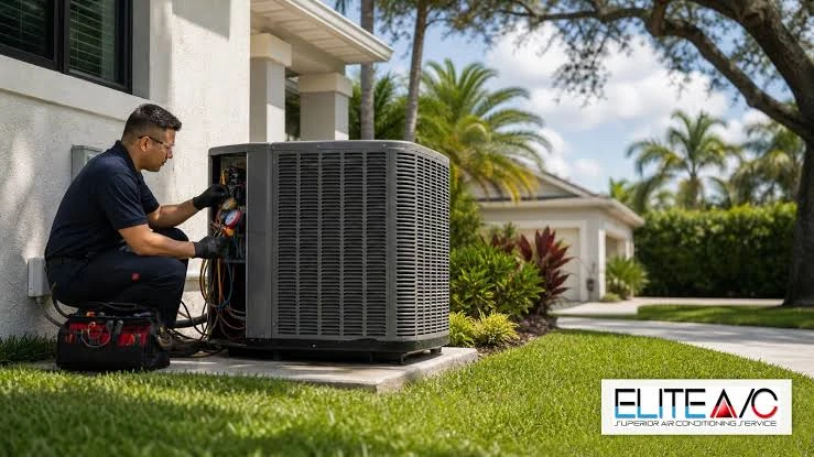 Technician servicing an outdoor air conditioner beside a home