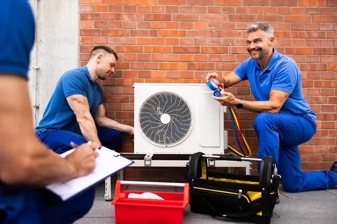 Technicians servicing an outdoor heating and cooling unit with diagnostic gauges